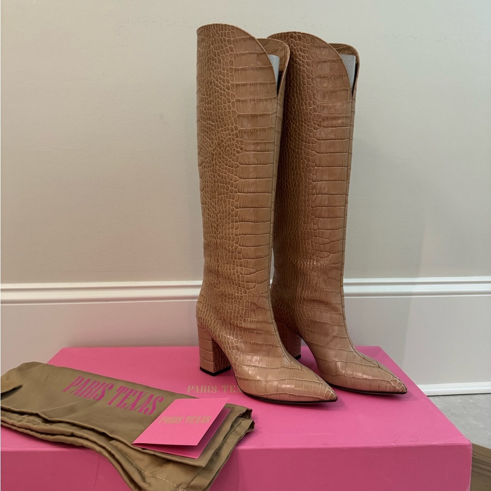 Paris Texas Tan Croc-Embossed Knee-High Boots